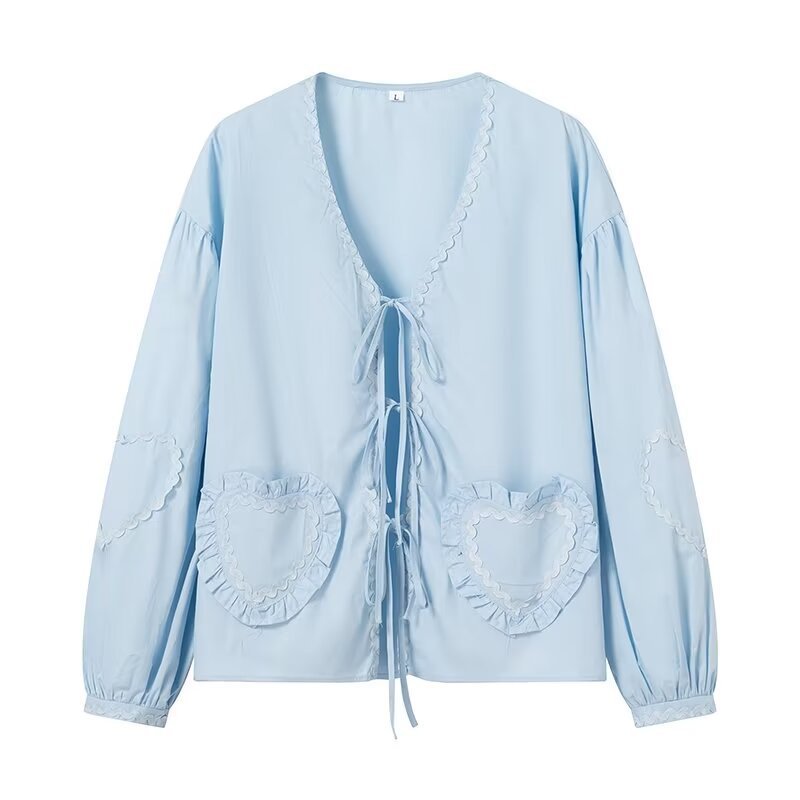 Women's Long-Sleeved V-Neck Blouse with Ties and Heart Ruffle Pockets Chichicherry
