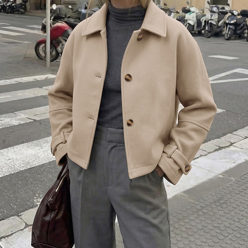 Women Short Cut Wool Blend Boxy Coat with Shirt Collar and Adjustable Cuffs Chichicherry