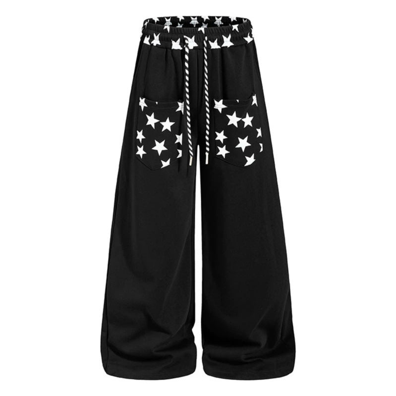 Women's extra wide palazzo sweatpants with comfort waistband, drawstring and star appliqué Chichicherry