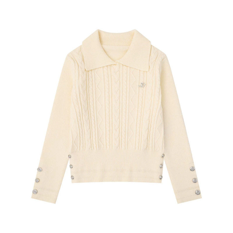 Women's fine knit polo sweater with cable pattern, decorative button trim and tailored fit Chichicherry