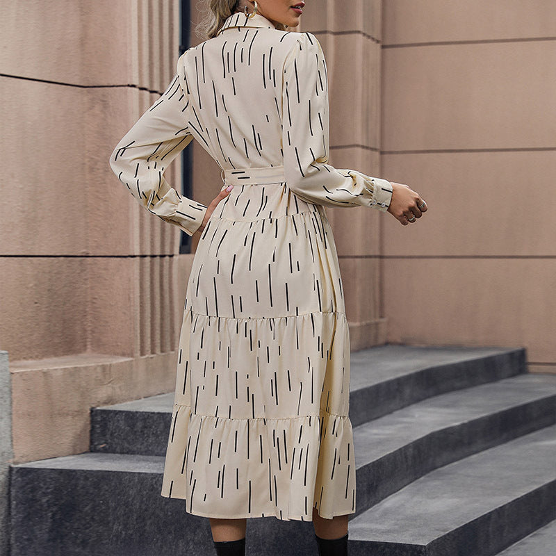 Women Long Sleeve Shirt Dress with Tiered Skirt, Waist Belt and Front Button Placket Chichicherry
