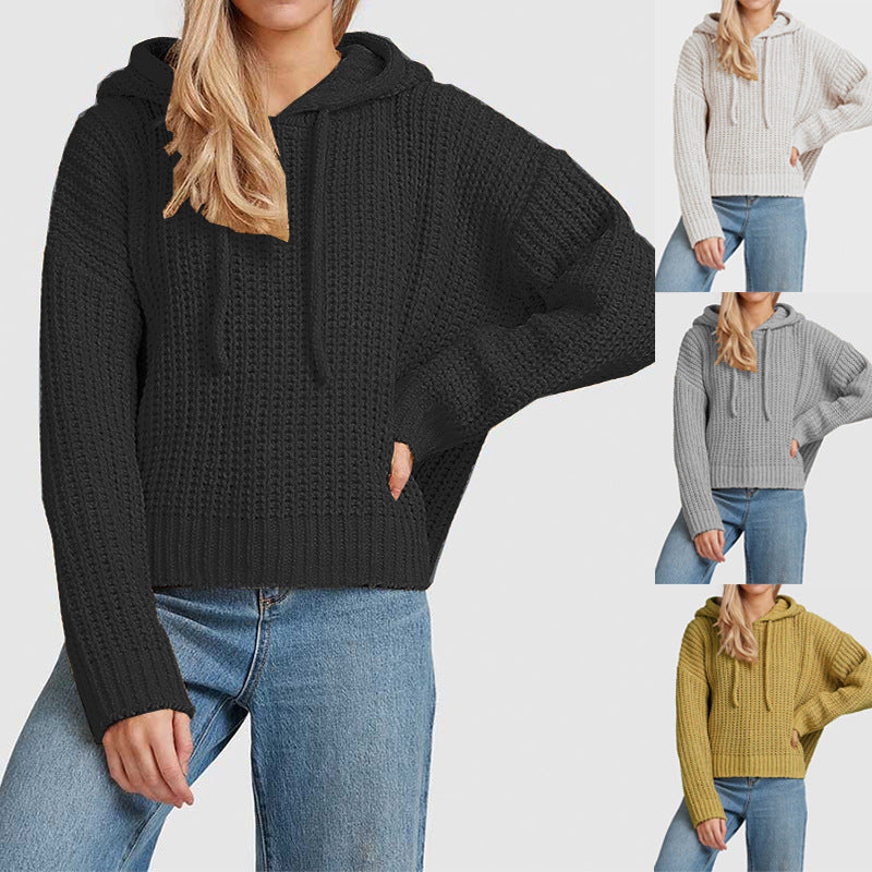 Women's chunky knit hoodie with waffle texture, dropped shoulder and short hem Chichicherry