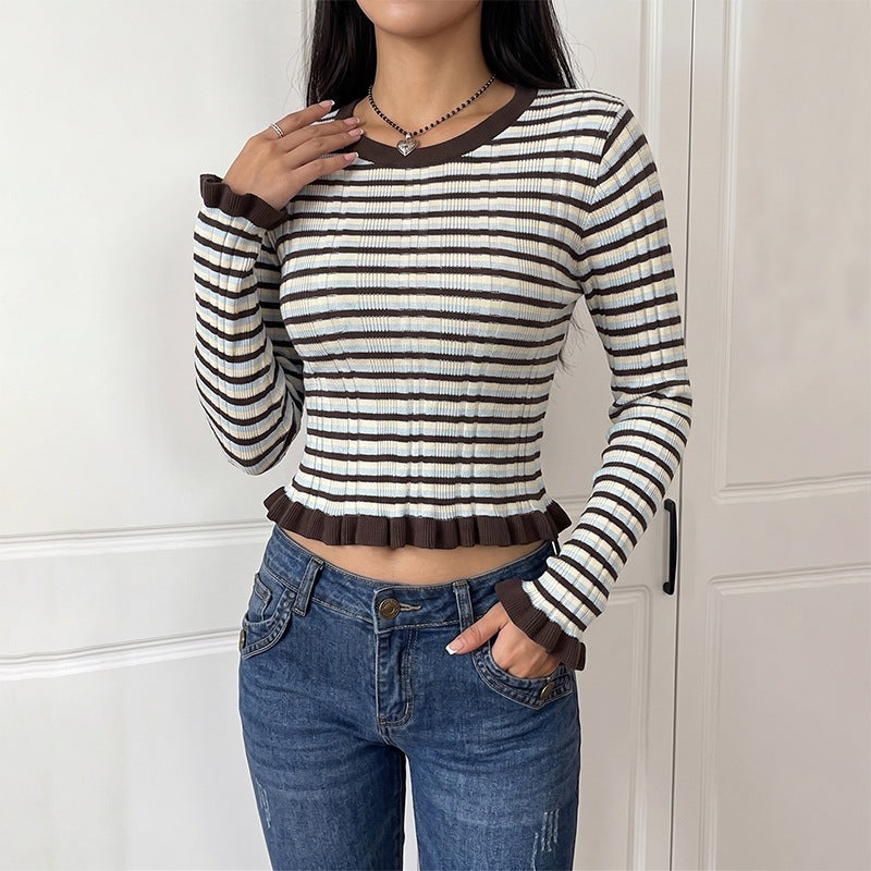 Women's fitted ribbed cropped long sleeve with frill edge and fine stripe pattern Chichicherry