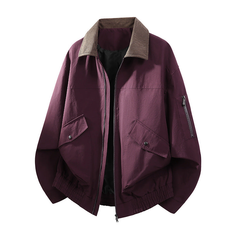 Men's Oversized Bomber Jacket in Worker Style with Cord Collar, Flap Pockets, and Elastic Hem Chichicherry