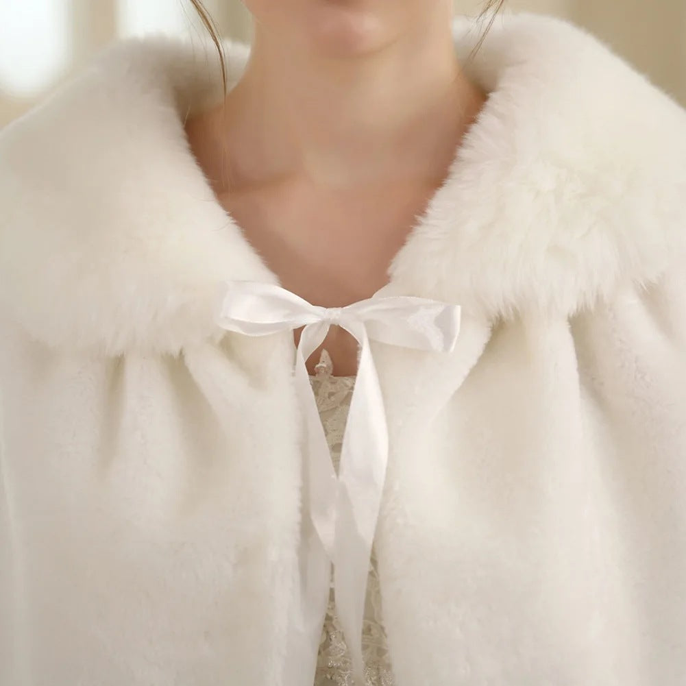 Women's Elegant Faux Fur Capelet with Bow Closure and Wide Overlapping Collar Chichicherry