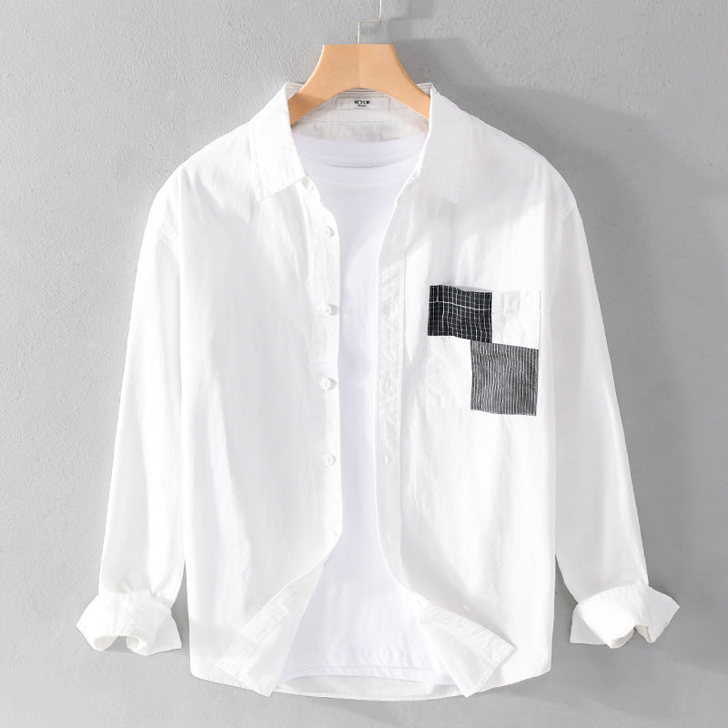 Men's Lightweight Cotton Oversized Shirt with Geometric Chest Patch Pocket Chichicherry