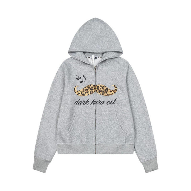 Women's hooded sweatshirt jacket with full zip, kangaroo pockets and playful leopard mustache print Chichicherry