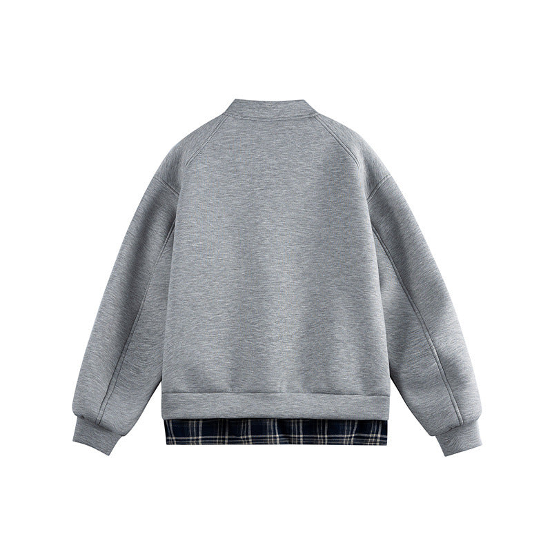 Women Two-in-One Bomber Sweat Jacket with Check Layer Insert and Stand Collar Chichicherry