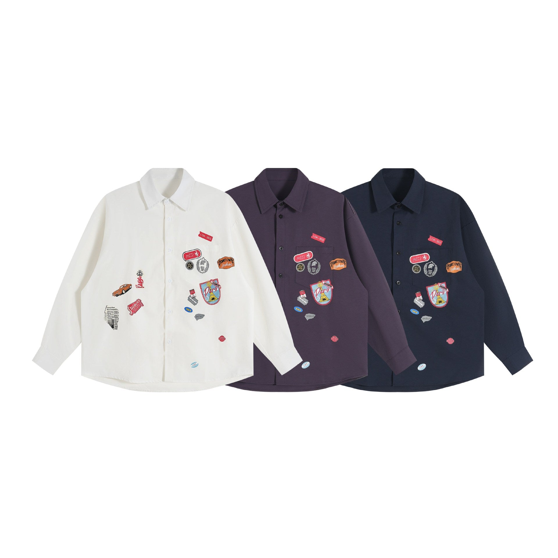 Unisex Loose Button-Down Shirt with vintage-inspired emblem patches and pocket Chichicherry