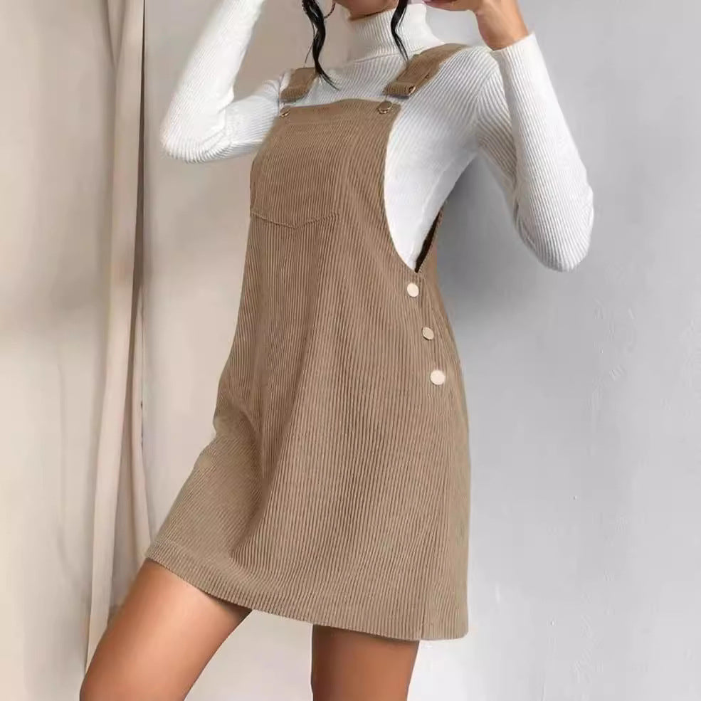 Damen Cord-Latzkleid mit verstellbaren Trägern, Seitlicher Druckknopfleiste und feinem Ripp-Effekt Chichicherry
