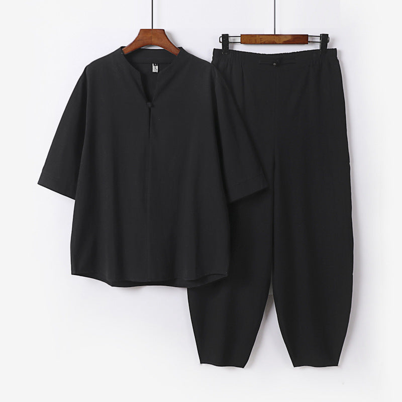 Men's Two-Piece Lightweight Linen-Cotton Set with Mandarin Collar and Elastic Waist Pants Chichicherry