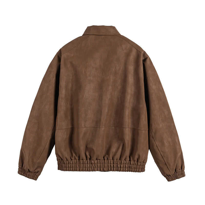 Men's leather-like blouson with shirt collar, two-way zipper, and elastic hem Chichicherry