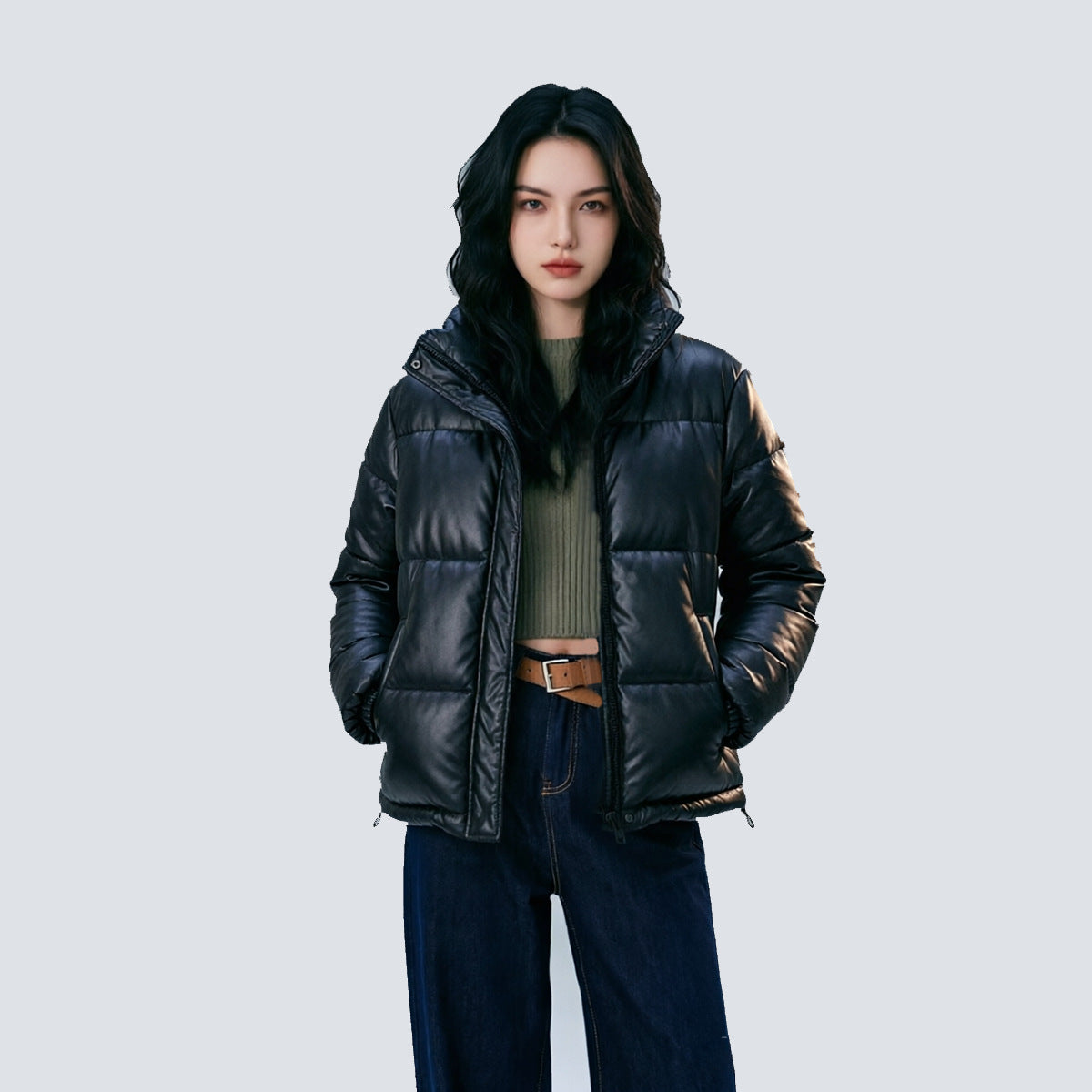 Women Short Cut Quilted Faux Leather Padded Jacket with High Standing Collar Chichicherry