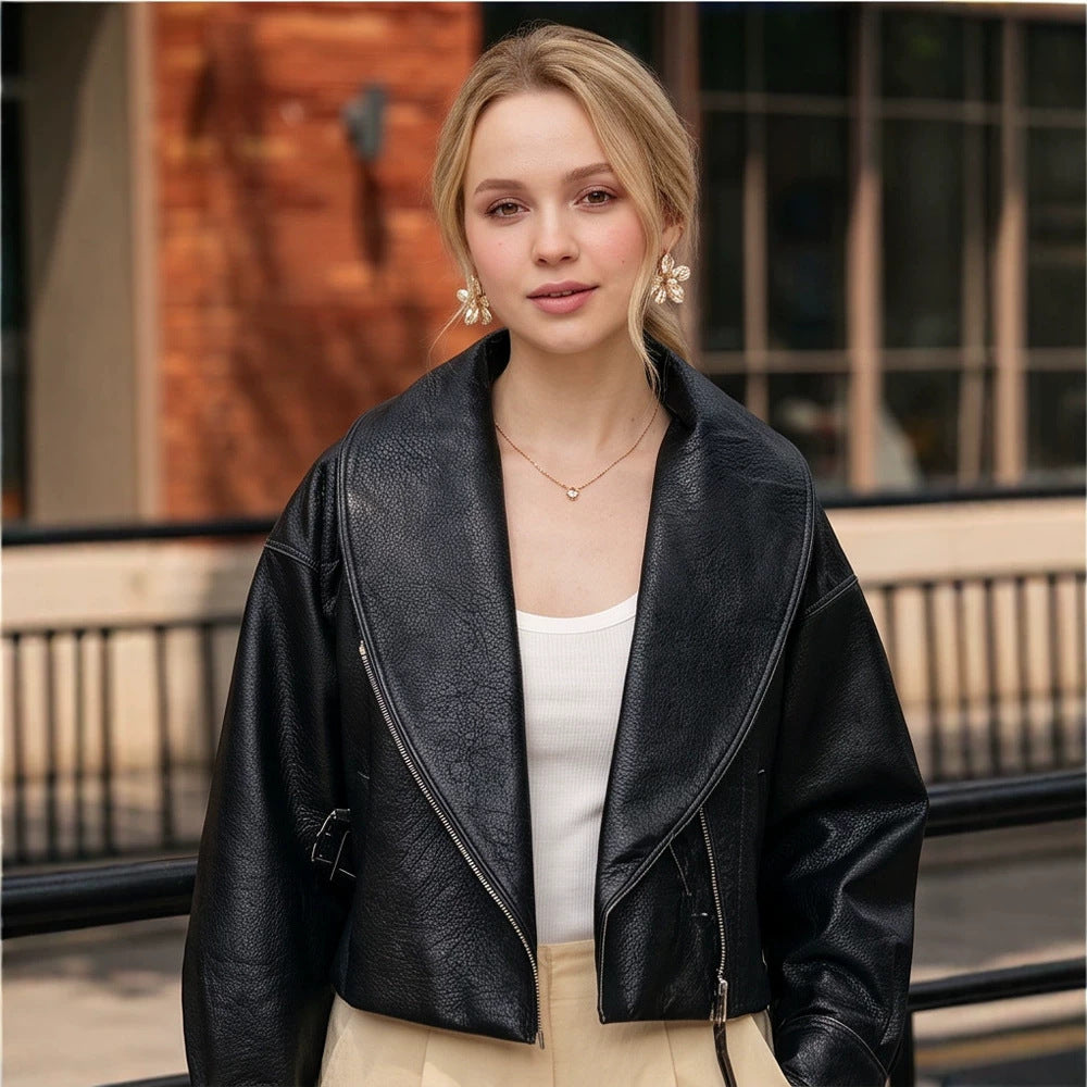 Women's Cropped Biker Jacket made of Faux Leather with Wide Shawl Collar and Asymmetrical Zipper Chichicherry