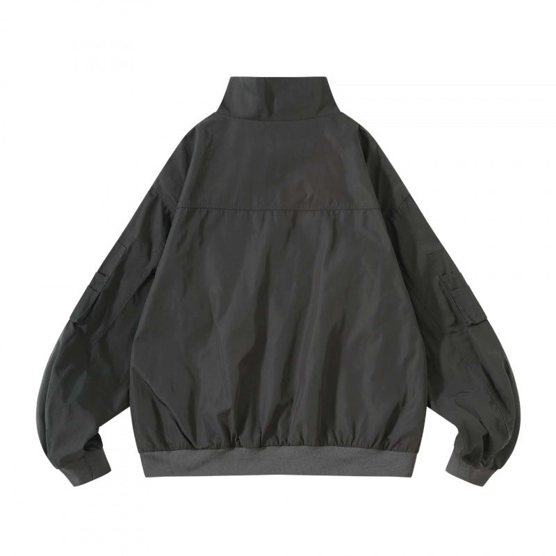 Unisex Kastige Utility Bomber Jacket with Stand Collar, Zipper and Sleeve Pockets Chichicherry