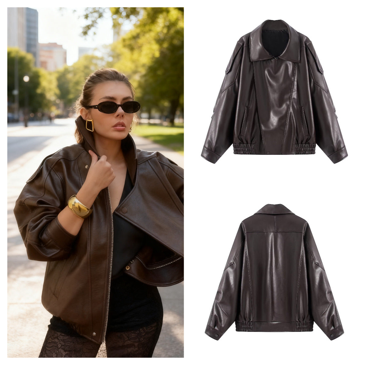 Women's Oversized Faux Leather Bomber Jacket with Utility Pockets, High Collar and Elastic Hem Chichicherry