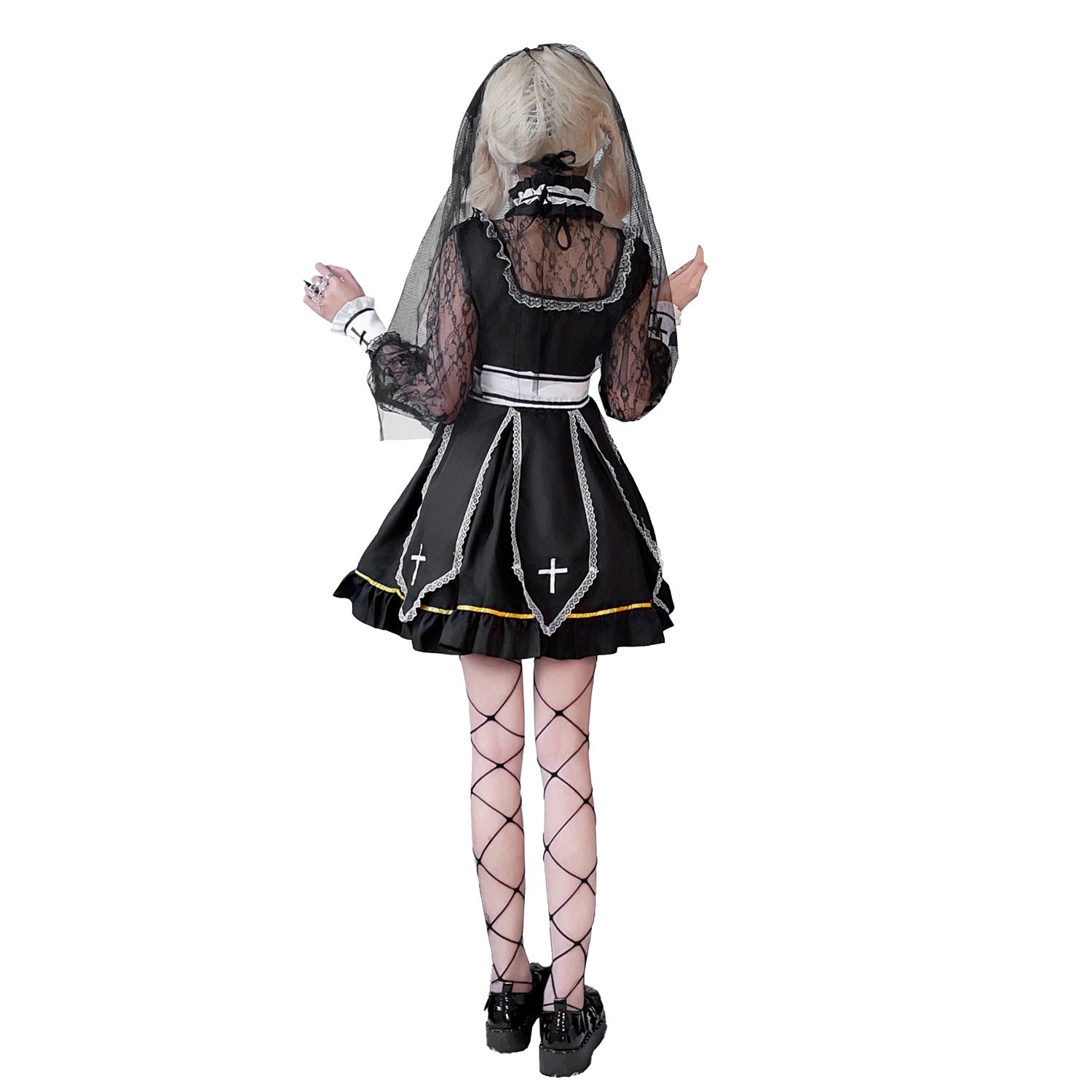 Women's Gothic Bridal Costume with Lace Sleeves and Elaborate Ruffles Chichicherry