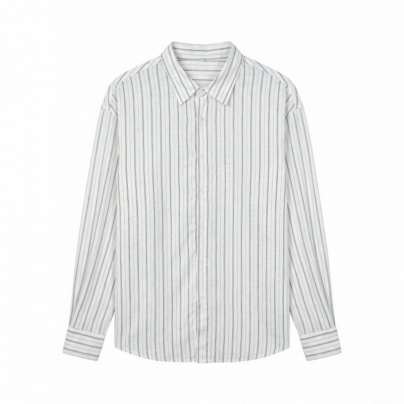 Men's Long-Sleeved Relaxed-Fit Pinstripe Shirt made of Linen-Cotton Blend with Kent Collar Chichicherry