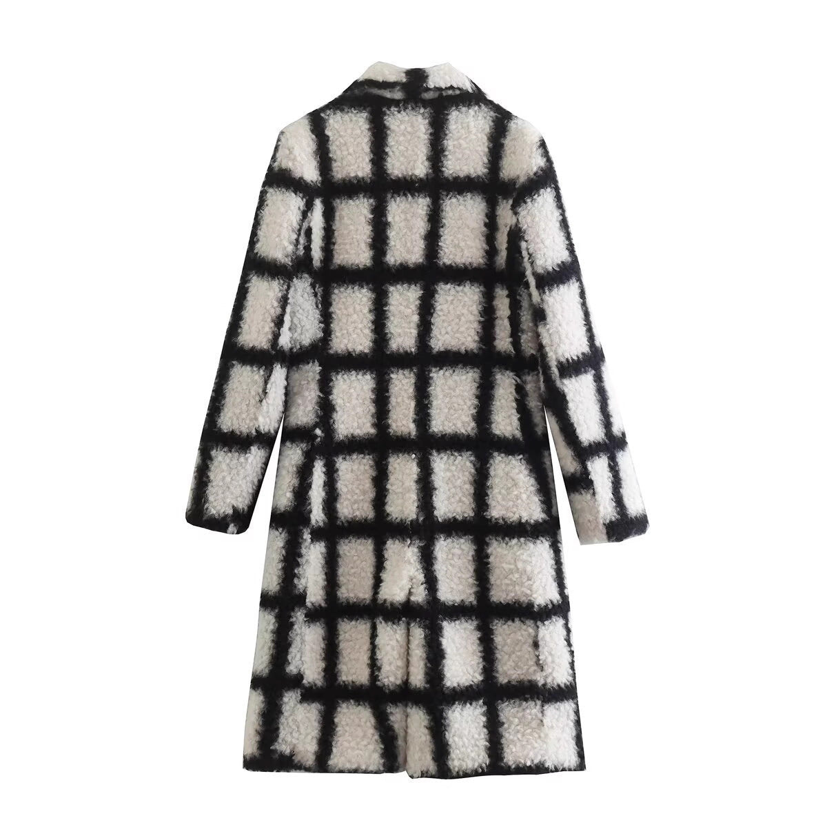 Ladies Long Checkered Teddy Coat with Revers Collar and Flap Pockets Chichicherry
