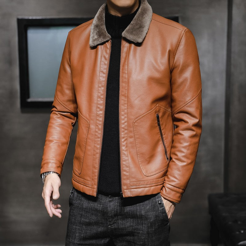 Men's Leather-Look Pilot Jacket with Teddy Collar and Concealed Zip Chichicherry
