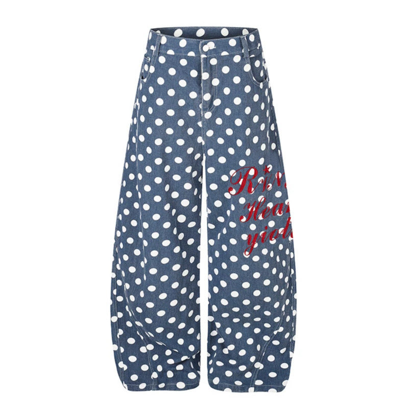 Women's Wide Culotte Jeans with Polka Dot, Balloon Shaped Hem and High Waist Chichicherry