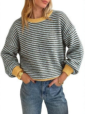 Women's Striped Rib Knit Sweater with Contrast Cuffs Chichicherry