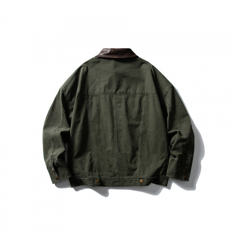 Men's Boxy Canvas Jacket with Leather Collar and Overshirt Silhouette Chichicherry