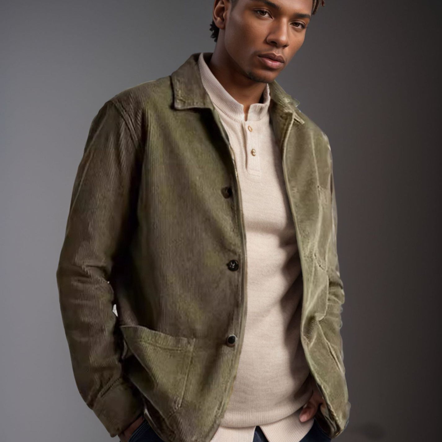 Men's Cord Worker Jacket with Shirt Collar and Patch Pockets Chichicherry
