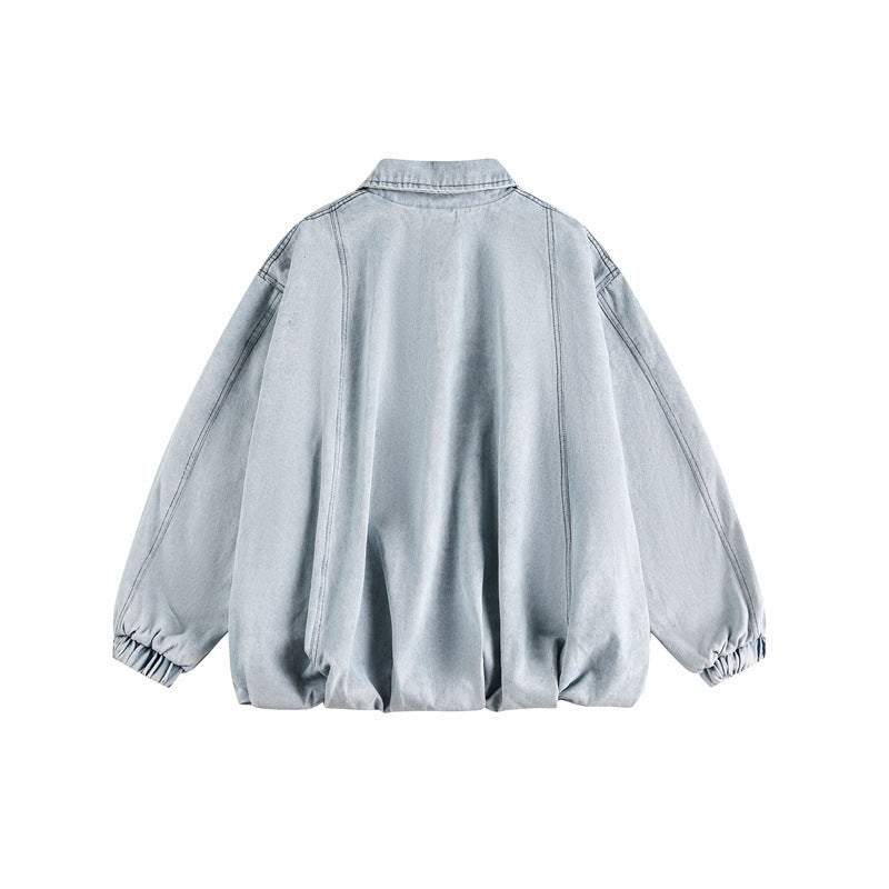 Unisex Lightweight Oversized Denim Jacket with Shirt Collar, Elastic Hem and Raglan Sleeves Chichicherry