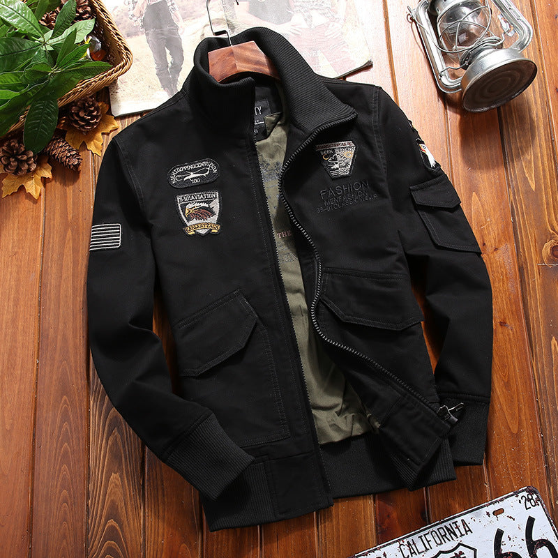 Men's Canvas Pilot Jacket with Embroidered Patches, Multiple Pockets, and Ribbed Cuffs Chichicherry