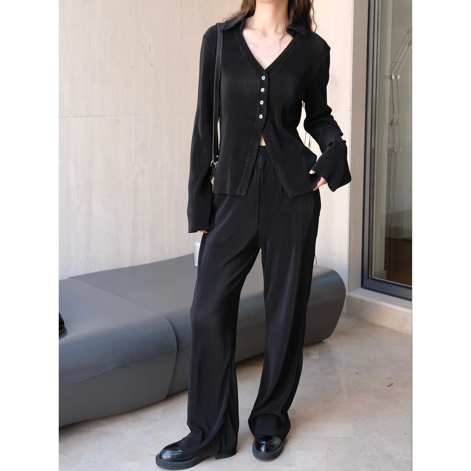 Women's Ribbed Pleated Shirt Blouse with V-Neck and Button Placket Chichicherry