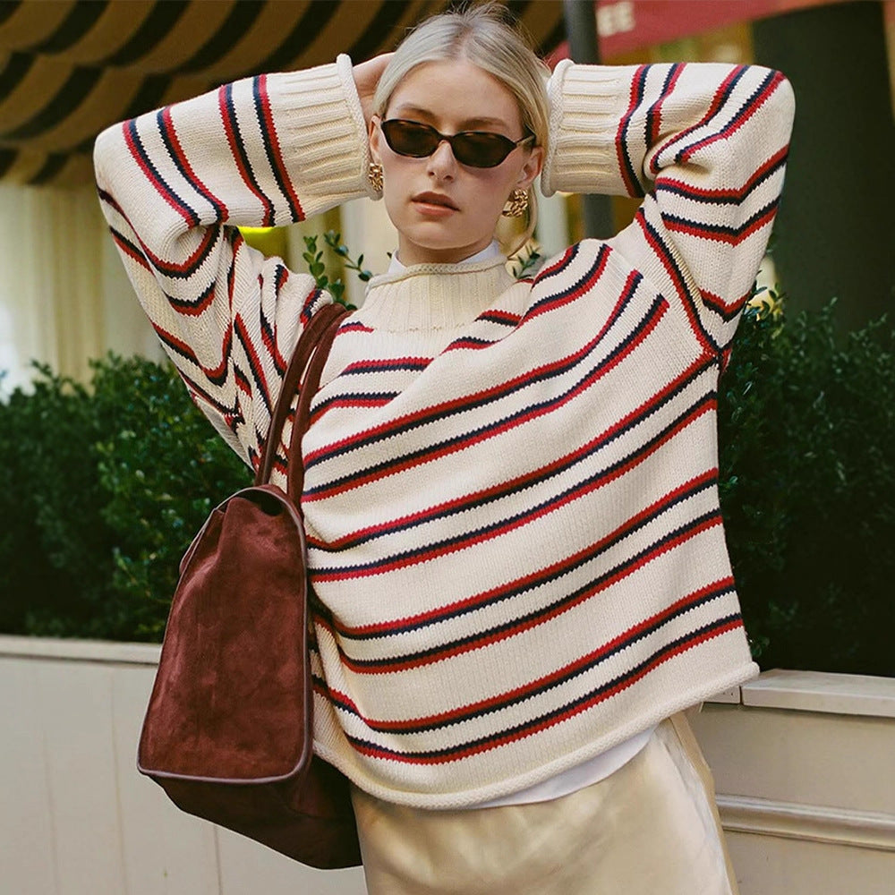 Women's oversized striped cotton blend sweater with wide cut and ribbed cuffs Chichicherry