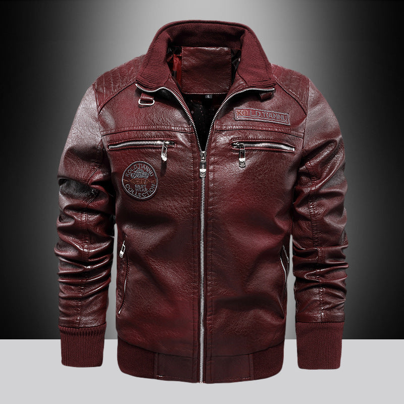 Men's Faux Leather Pilot Jacket with Zipper, Chest Pockets and Ribbed Cuffs Chichicherry