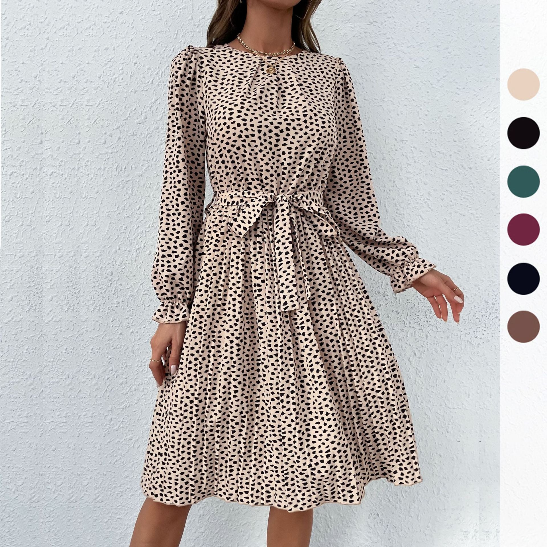 Women Elegant Pleated Midi Dress with Waist Sash, Ruffled Puff Sleeves and A-Line Skirt