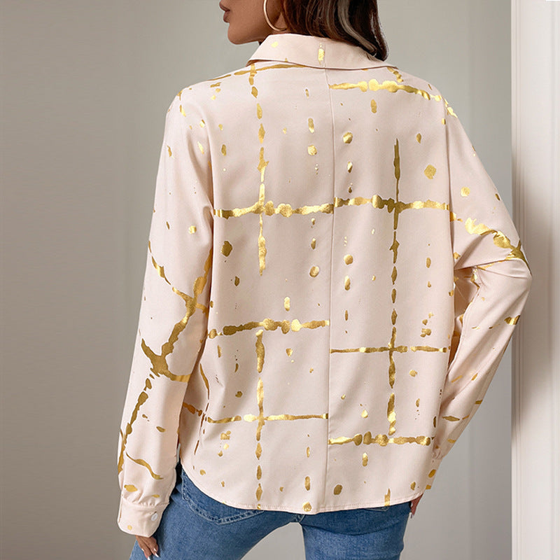 Women's shirt blouse with metallic print and relaxed fit