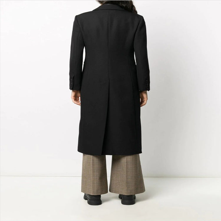 Women Elegant Single-Breasted Long Coat in Tuxedo Style with Narrow Lapels and Satin Trim Chichicherry
