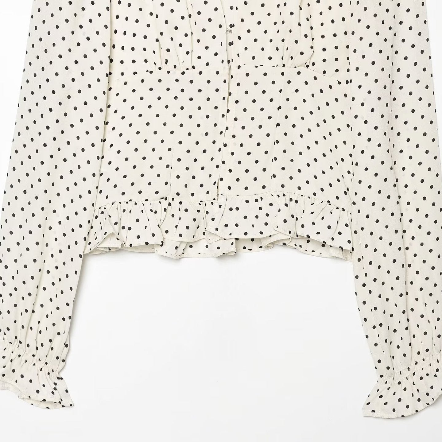 Women Polka Dot Blouse with V-Neck, Ruffled Hem and Balloon Sleeves Chichicherry