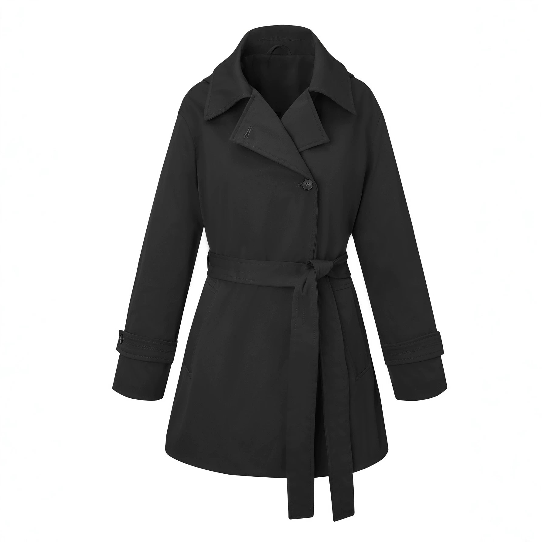 Ladies short trench coat with tailored tie belt and wide lapels Chichicherry