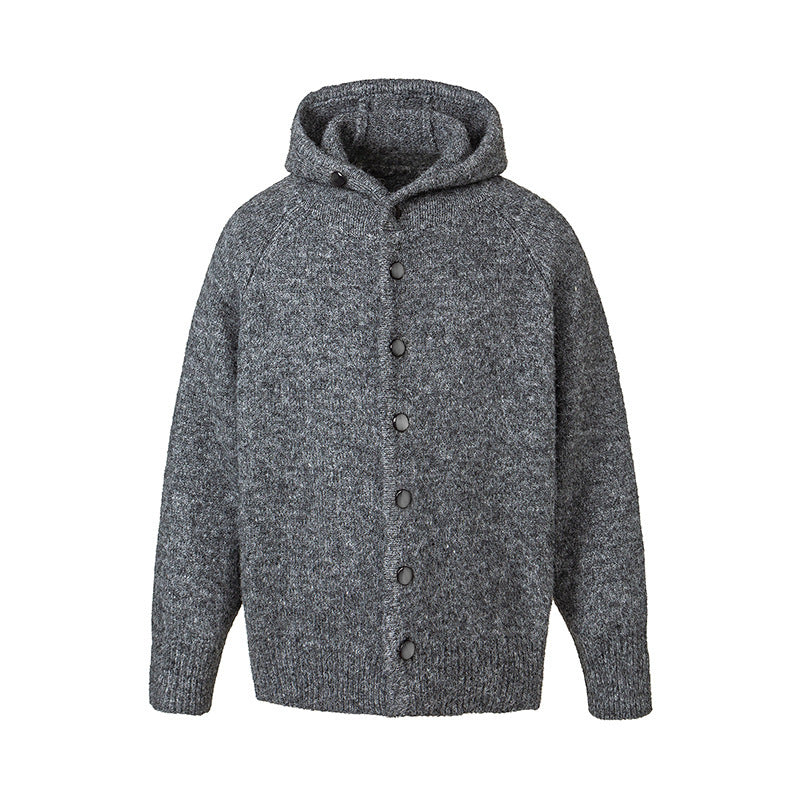 Men's chunky knit hooded cardigan with full button placket and ribbed cuffs Chichicherry