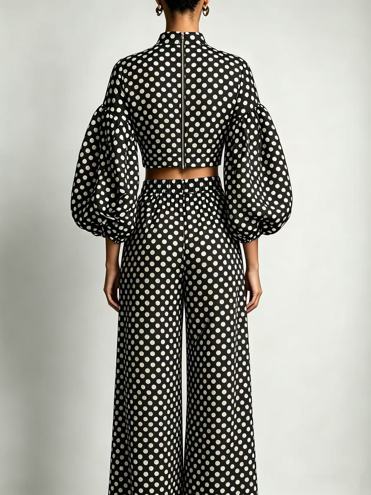Women's Two-Piece Polka Dot Ensemble with Cropped Stand Collar Top and Wide Palazzo Pants Chichicherry