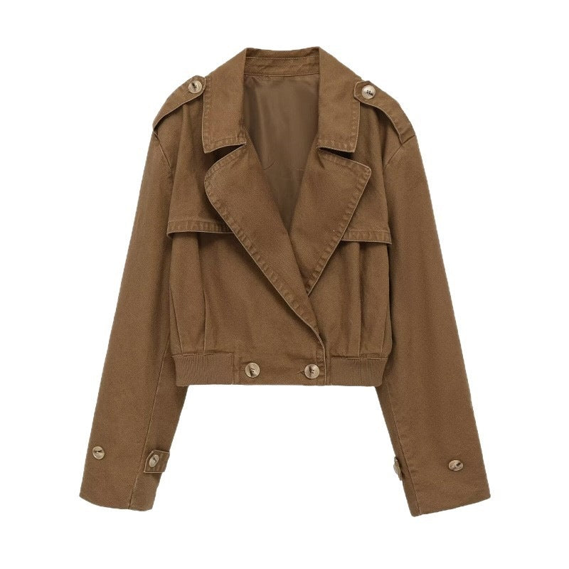 Women's Short Cut Utility Jacket in Field Style with Wide Lapels and Tailored Waistband Chichicherry