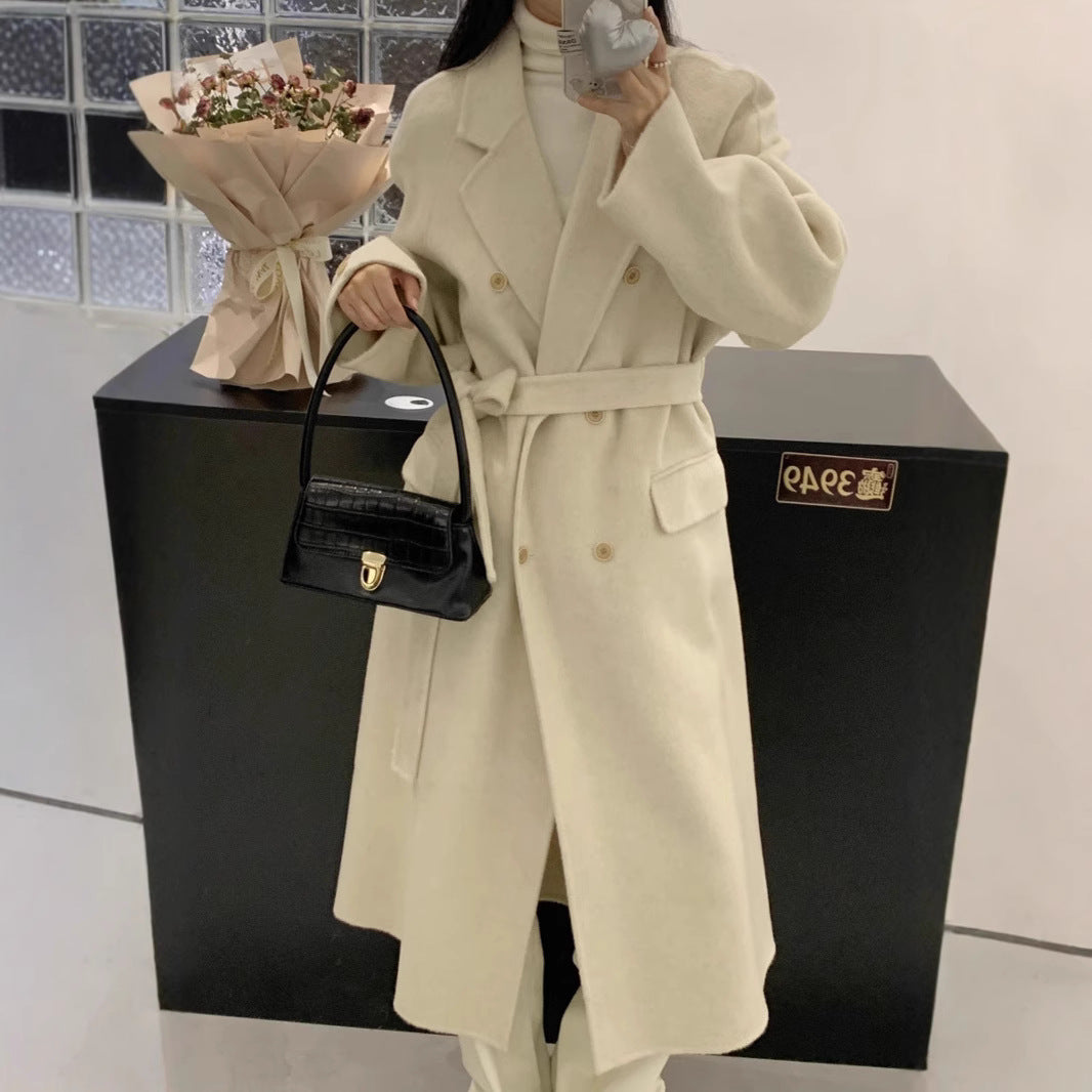 Women's Oversized Wool Blend Coat with Double-Breasted Button Placket and Pocket Flaps Chichicherry