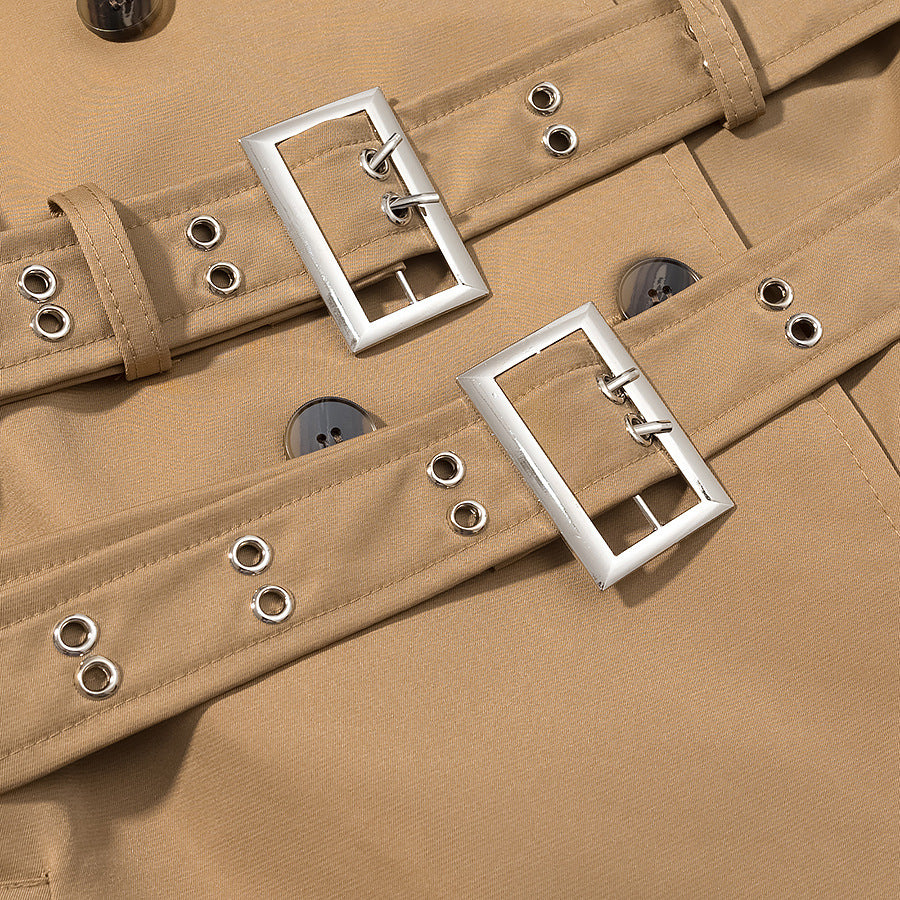 Women's Long Double-Breasted Trench Coat with Tailored Double Belt, Balloon Sleeves and Epaulettes Chichicherry
