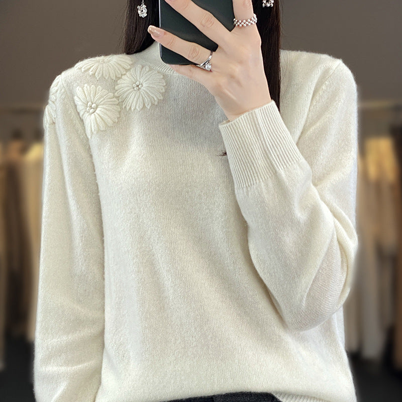 Women Soft Fine Knit Sweater with Short Stand-Up Collar, 3D Flower Application and Ribbed Cuffs Chichicherry