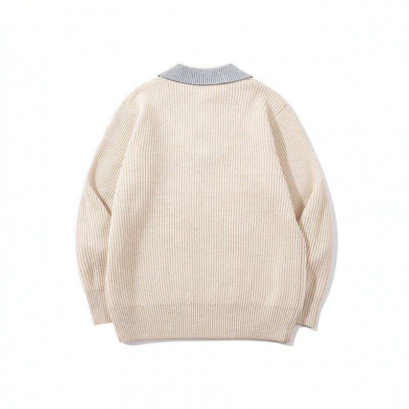 Unisex chunky knit boxy sweater with V-neck and contrasting polo button collar Chichicherry