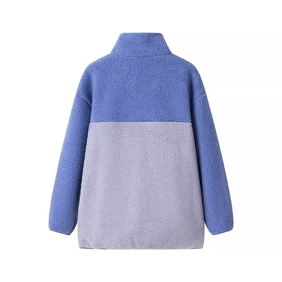 Women's Oversize Teddy-Fleece Jacket with Stand-Up Collar, Zipper Pockets and Nylon Chest Pocket Chichicherry