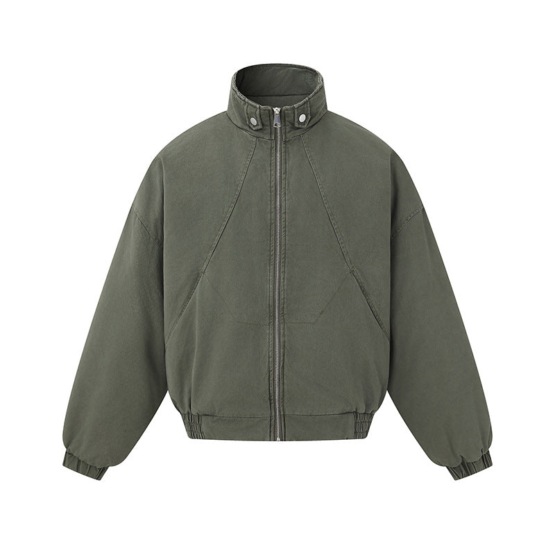 Unisex Boxy-Canvas-Bomber Jacket with High Stand-Up Collar, Diagonal Seam Design and Elastic Hem Chichicherry