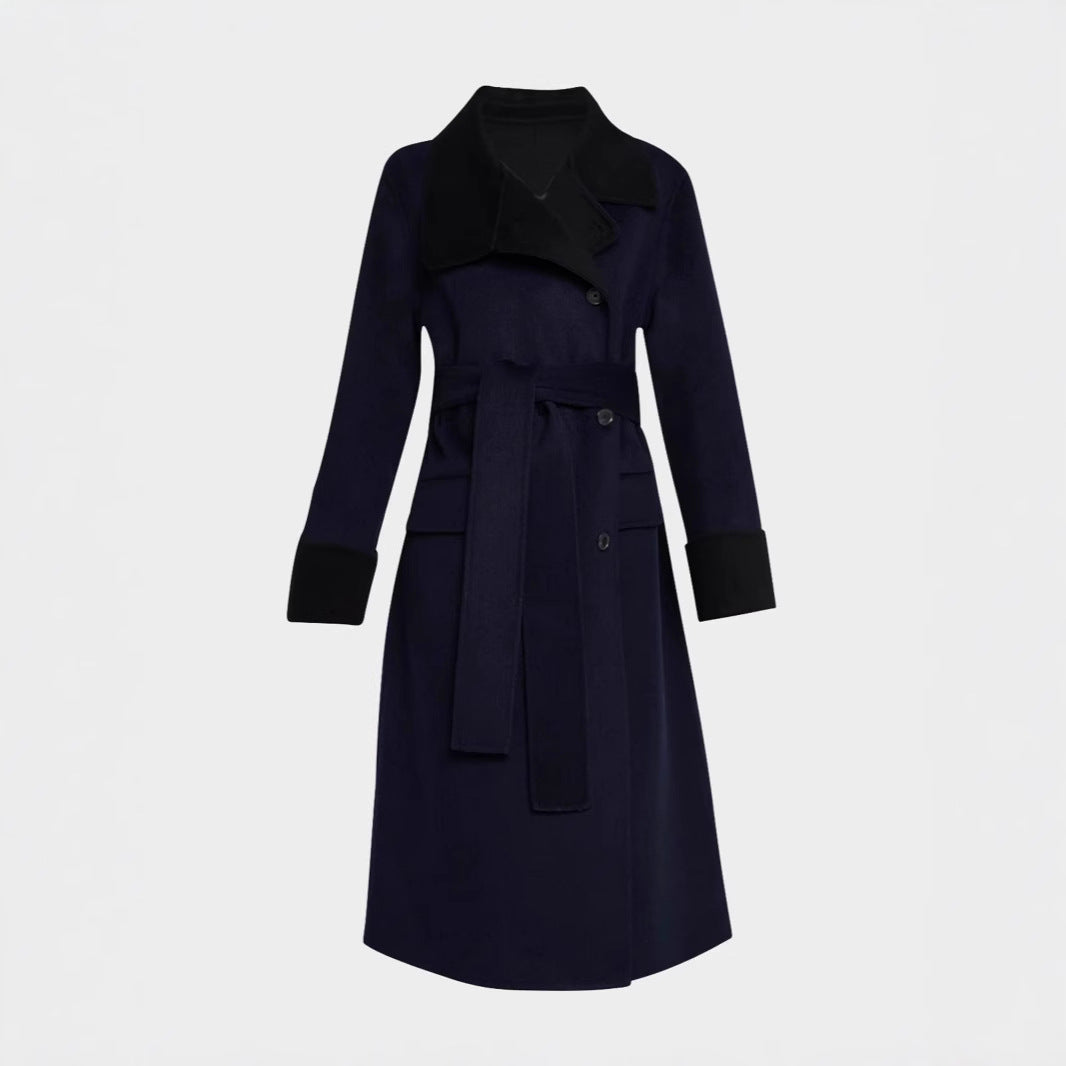 Women's tailored wool blend coat with tie belt, contrast lapel and flap pockets Chichicherry