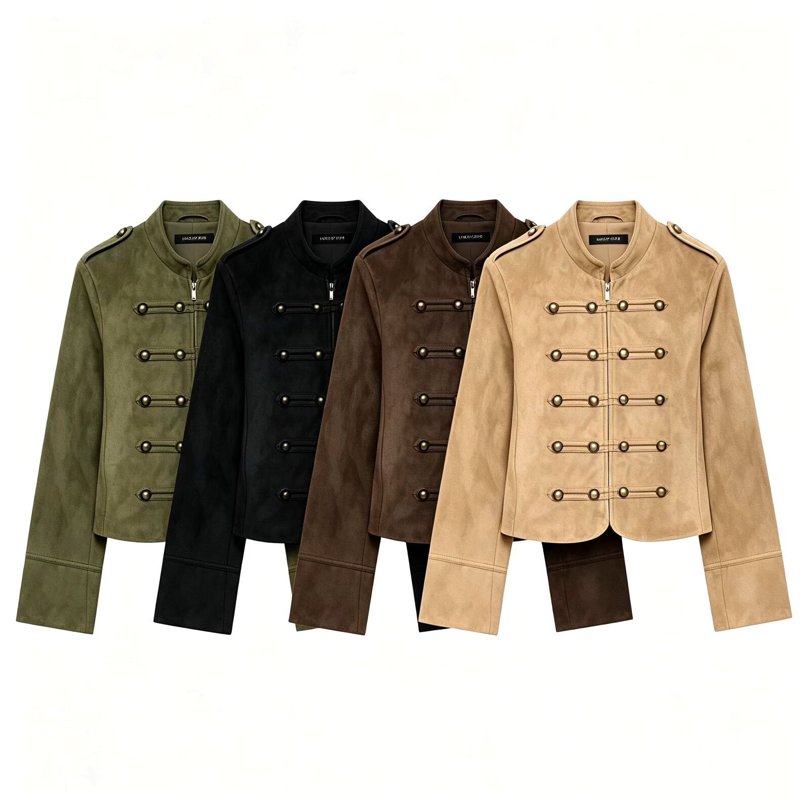 Women’s short military-style jacket made of velour imitation with stand-up collar, epaulettes, and decorative button placket Chichicherry
