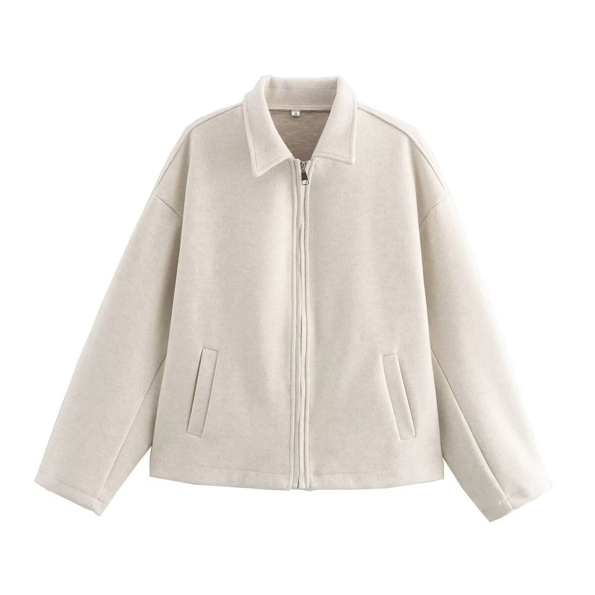 Women Boxy Wool Blend Bomber Jacket with Shirt Collar, Concealed Zipper and Side Pockets Chichicherry
